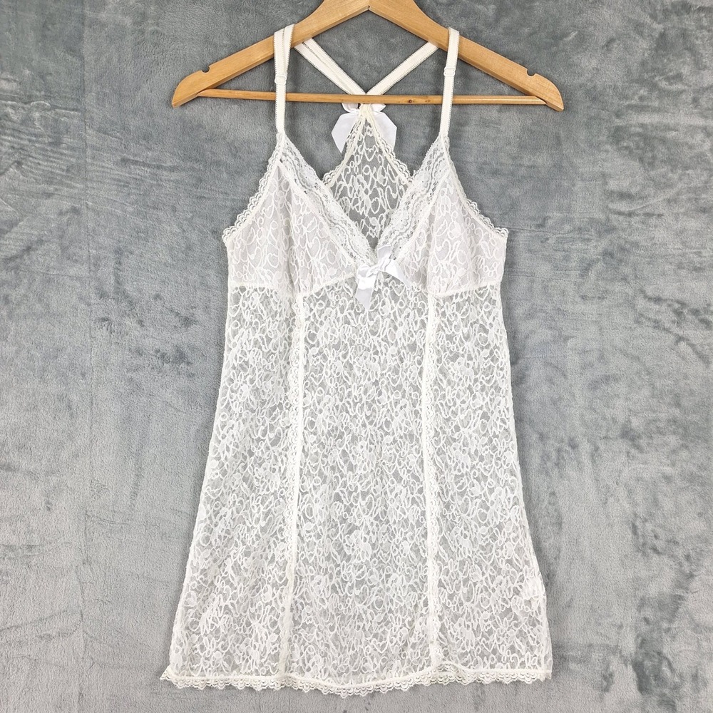 Womens‎ Top XL White Floral Lace Babydoll Y2K Coquette Fairy Sheer Racerback